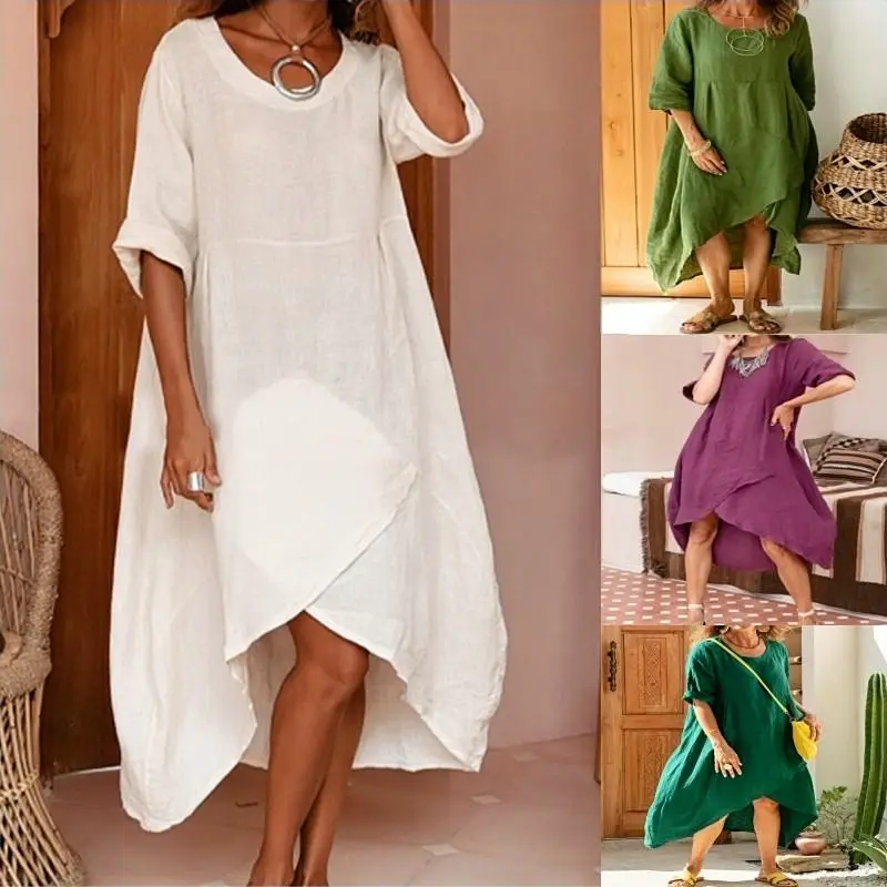 Loose Cotton Linen Irregular Dress Women Summer Casual Blouses Solid Color 3/4 Sleeve Women's Dresses
