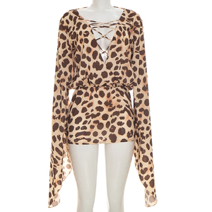 Viviblook C26DS177 Nuevo vestido mini de fiesta informal de verano para mujer con estampado de leopardo y cuello en V con cordones y mangas anchas - Product Image 1