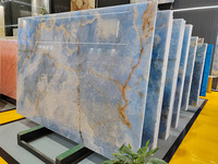 Panneau mural en pierre d'onyx naturel rétroéclairé, bleu ciel doré, marbre d'onyx