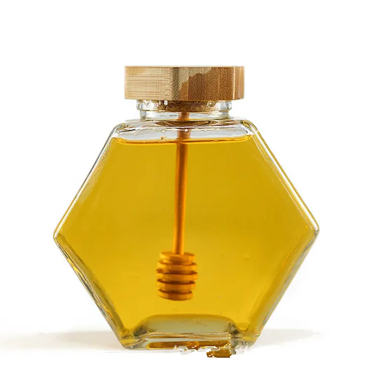 Abelha em forma de hexágono vazio frasco de mel com dipper de madeira tampa caixa de embalagem a granel 100ml 200ml 500g