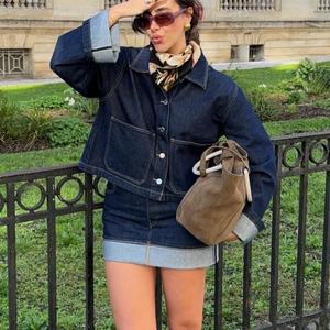 Conjunto de Jeans Oscuros Personalizados Más Vendidos, Chaqueta Vaquera Corta de Alta Calidad y Minifalda, Traje de Dos Piezas para Mujer - Product Image 1