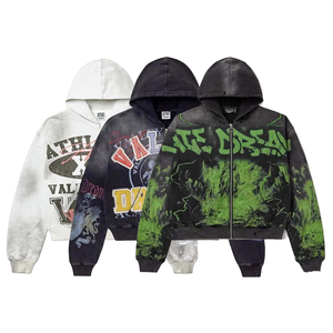 Sudadera con capucha oversize para hombre, estilo streetwear, con acabado acid wash, diseño gráfico impreso, cierre de cremallera personalizado, algodón grueso, moda urbana. - Product Image 1