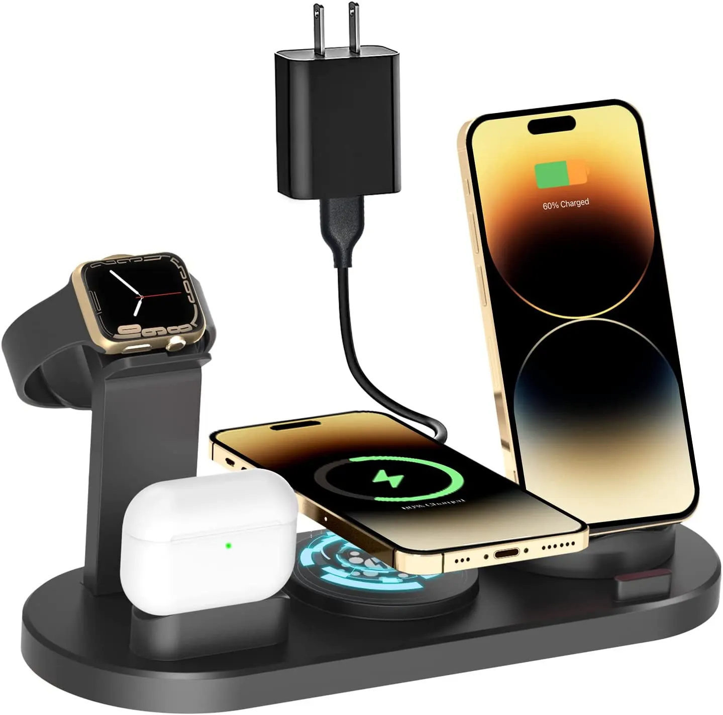 Top Selling Products 2023 Tabletop Fast Charging 6 In 1 Rotate Holder Universal Wireless Charger For Android and iPhone 14 13 12