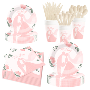 Juego de vajilla desechable para boda DAMAI, platos de papel rosa con diseño floral para despedida de soltera, suministros para fiesta, para 8 personas - Product Image 2