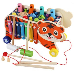 Montessori Educational Activity Toy 7 in 1 Wooden <strong>Pull</strong> Along Car Fishing <strong>Catching</strong> Music Hammer Pounding Toys for Kids Boys Girls - Product Image 1