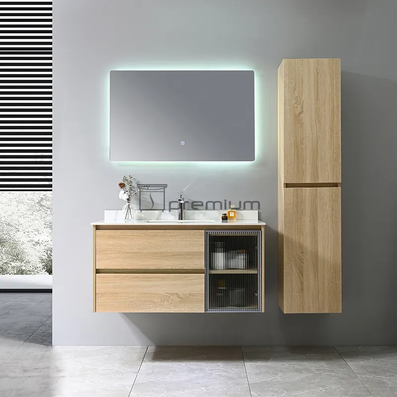 Set di mobili da bagno per lavabo con luce a LED per lavabo in ceramica moderna all'ingrosso