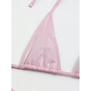Ensemble bikini personnalisé pour femme, micro-top halter et string, deux pièces, effet pailleté métallique, extensible, en Spandex et Polyester - Product Image 5