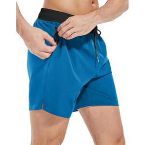 Shorts double couche bleu vif, séchage rapide, extensible, respirant, 2-en-1, pour la course, la gym, l'entraînement, avec ceinture contrastante noire, pour adultes - Product Image 2