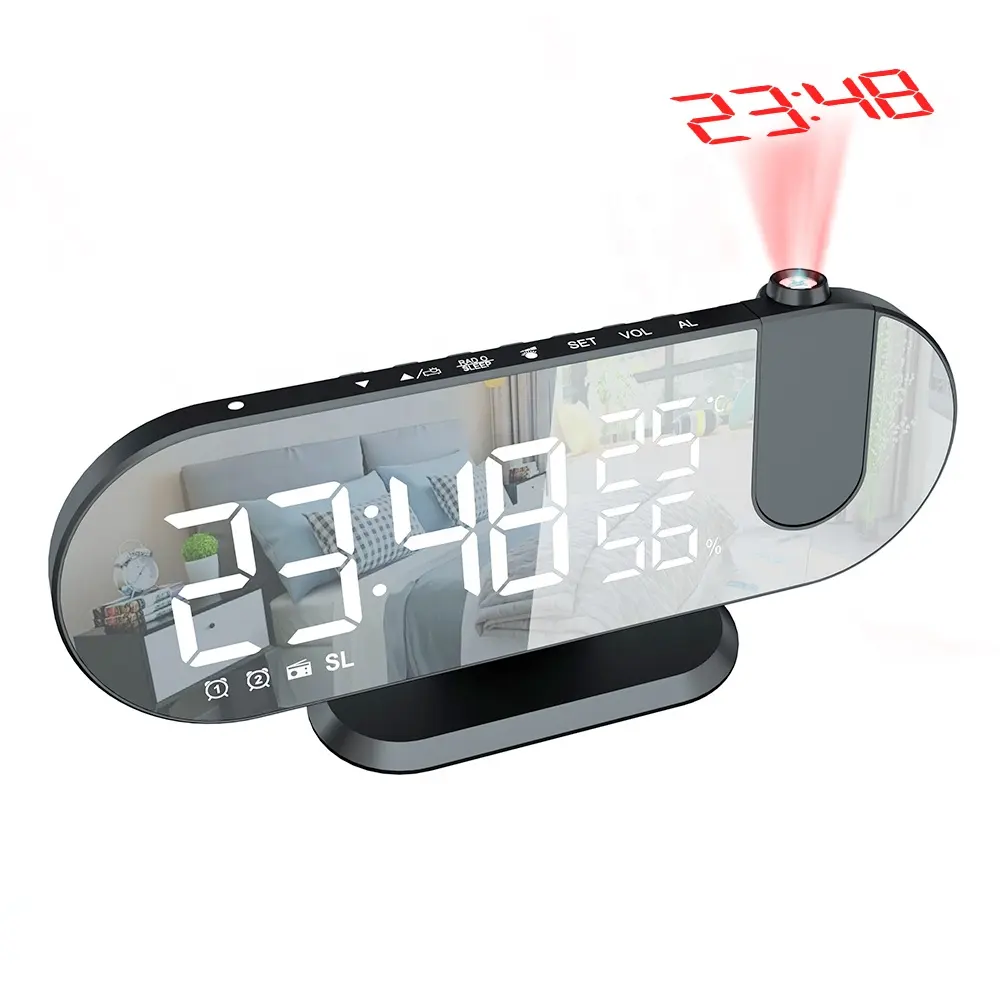 Alarme de rádio FM Evertop 2024, alarme duplo com espelho e temperatura e umidade, digital LED, com projeção, despertador, rádio