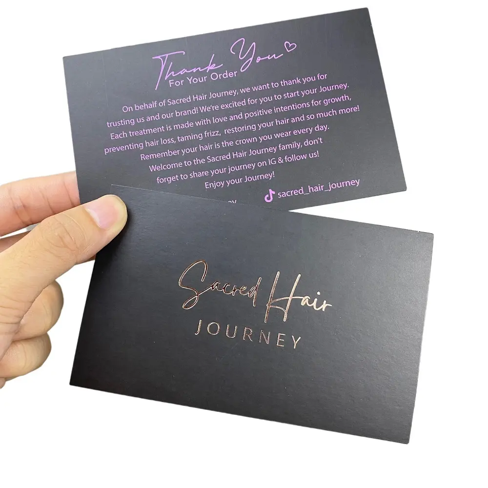 Carimbo de folha de ouro rosa com impressão personalizada, papel revestido de negócios, cartões de agradecimento