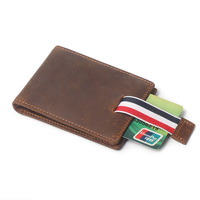 Dompet Jepit Uang Kulit Asli Crazy Horse Tipis Lipat Dua Tempat Kartu untuk Pria Saku Depan