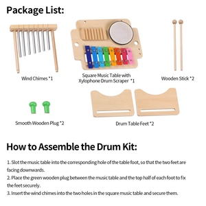 Wind Chime Combination Set Kids Drum Set Windchime Xylophone Drum Wood <span class=keywords><strong>Guiro</strong></span> Scraper 4-in-1 Juego de instrumentos musicales - Product Image 6