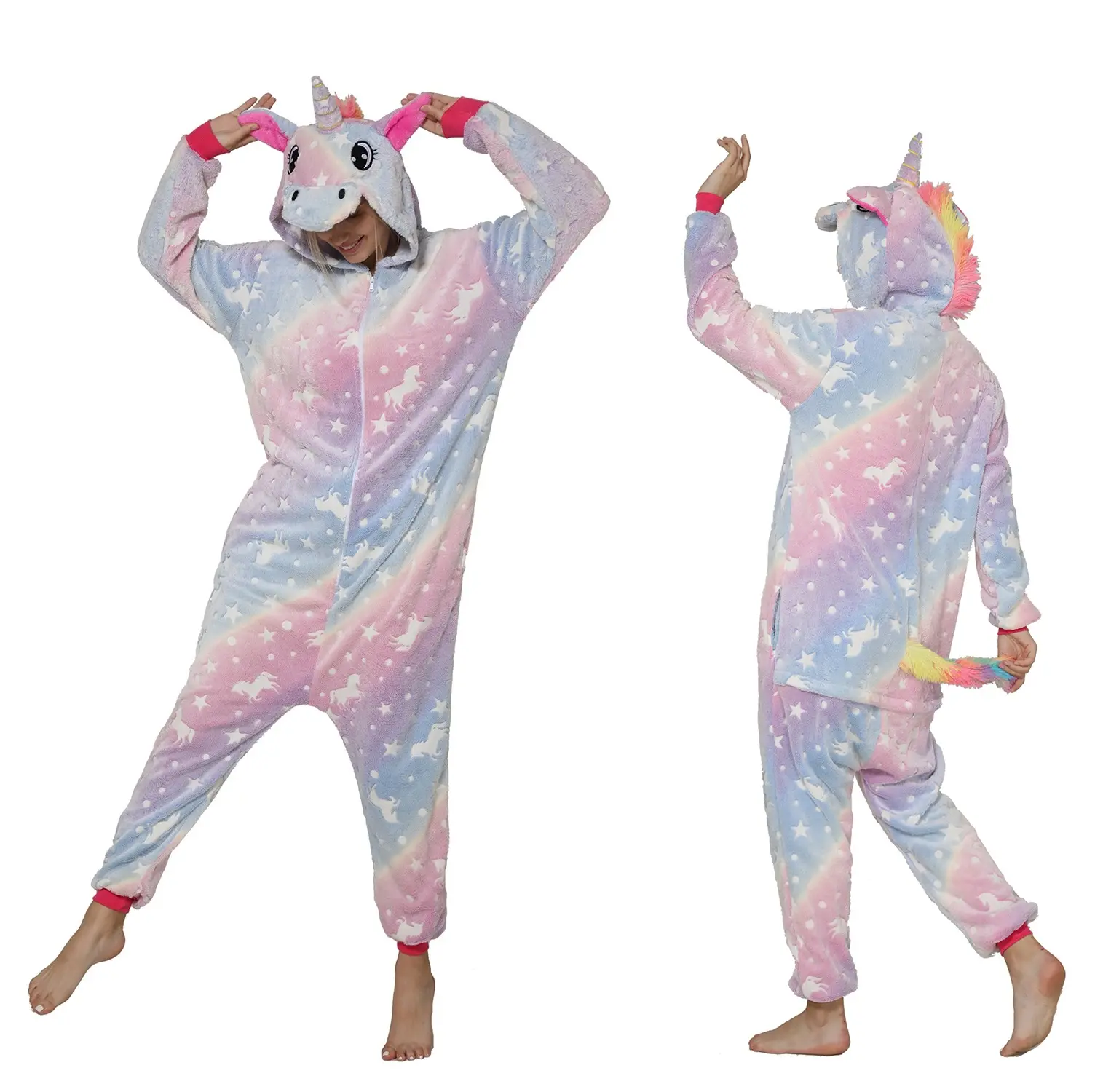 IN-STOCKED Einzelhandel Großhandel Tier Onesie Weihnachten Pyjamas Flanell Cartoon Kostüm Glühen bei Nacht Einhorn Familie Pijama Kigurumi