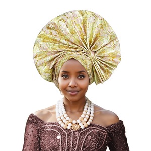 Tissu nigérian Aso Oke Fashion Headtie Ankara avec perles pour les fêtes sorties décontractées mariage dernière conception Bonnet - Product Image 5