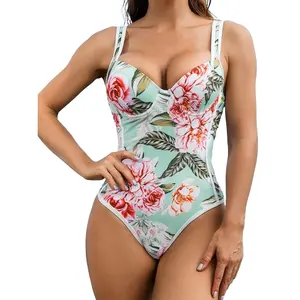 One piece swimsuit romper built in bra women's sexy beach resort clothing floral bikini