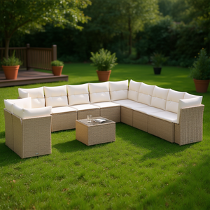 Conjunto de Sofás de Jardín de Ratán Beige para 10 Personas, Muebles de Exterior Resistentes a la Intemperie, Diseño Contemporáneo - Product Image 4