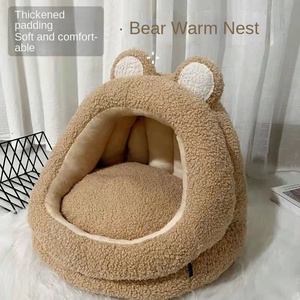 Lit et maison pour chat semi-fermé en tissu chaud d'hiver, niche de sommeil intérieure pour chaton et chiot - Product Image 1