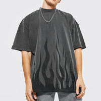 T-shirt gris foncé style hip-hop pour homme, motif flamme vieillie, coupe classique, vente en gros, mode été, t-shirts délavés à épaules tombantes