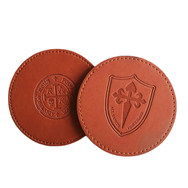 Custom Embossed Logo Printing Cup Mat Blank PU Leather Coaster For Restaurant