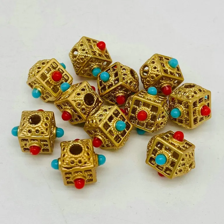 Retro Nepal Beads Handmade Red Coral Tibetan Bead Antique Golden For Jewelry Components Making DIY Bracelets Accessories