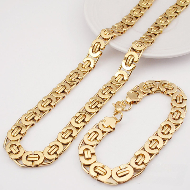 6mm/8mm/10mm 18K Real Gold Plated Unisex Stainless Steel Flat Link Cuban Chain Miami Hip Hop Bracelet Necklace Gift Jewelry Set