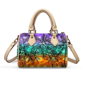 Sac à main élégant pour femme, sac cylindrique personnalisé avec imprimé feuilles tropicales, mini sac Boston en cuir PU, impression à la demande - Product Image 1