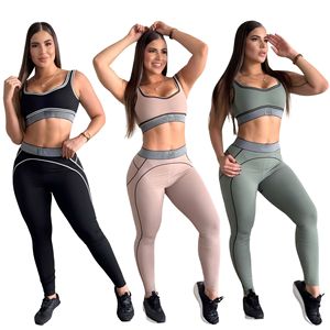 Yoga Sets Women High Waist Yoga <b>Leggings</b> Scoop Neck Sports Bra Color Blocking Contrast Stitch <b>Ankle</b> <b>Length</b> Spandex Nylon - Product Image 5