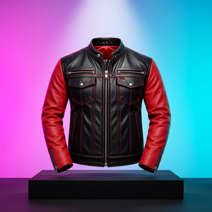 Veste de moto en cuir PU pour homme, noire et rouge, à col montant et fermeture éclair, style motard - Product Image 1