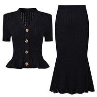 Ensemble deux pièces AIMEISI pour femme : cardigan tricoté à manches courtes ajouré et jupe longue unie en viscose, idéal pour l'été
