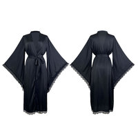 Peignoir en satin de luxe pour femmes - Longueur longue avec manches bouffantes, panneau en dentelle, ceinture à nouer, doux et soyeux, vêtements de détente de mariée, vêtements de nuit