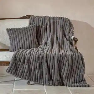 Luxury Jacquard Striped Faux Fur Throw Blankets Cozy Texture Milky Fluffy Plush Blanket for Sofa Couch
