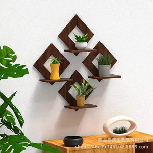 Wooden Diamond <b>Wall</b> <b>Mounted</b> <b>Shelf</b> Geometric Floating Rack For Home Decoration Plant Display - Product Image 2