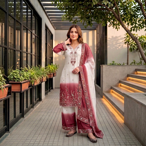 Ensemble Anarkali brodé blanc et bordeaux pour femme avec dupatta – Tenue traditionnelle indienne et pakistanaise en coton, coupe ample, longueur cheville - Product Image 1