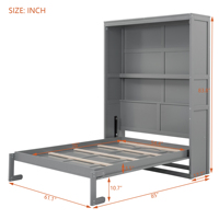 Lit mural Murphy gris pleine taille avec étagères intégrées, lit pliable gain de place pour chambre d'amis