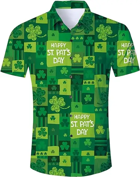 Talep üzerine baskı St. Patrick günü gömlek özel şanslı yonca desen süblimasyon tasarım gömlek toptan erkekler yaz plaj gömlek