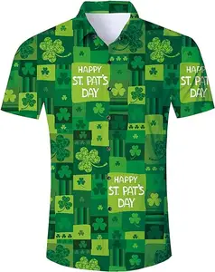 Print on Demand St. Patrick Day Shirt Custom Lucky Clover Pattern Sublimation Design Shirt Wholesale Men Summer Beach Shirt