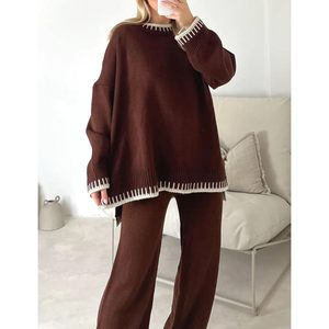 FOXA Women 2 Piece <b>Sweater</b> <b>Set</b> Long Sleeve Pullover Wide Leg Pants Knitted Casual Autumn Lounge Outfit Crew Neck Anti Pilling - Product Image 2