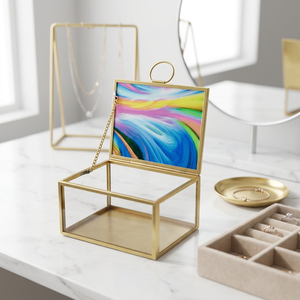 Glass Jewelry Box With Brass Frame And Colorful Glass Printed Lid for Display <b>Case</b> and Storage - Product Image 1
