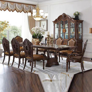 Sala da <span class=keywords><strong>pranzo</strong></span> <span class=keywords><strong>classica</strong></span> antica intagliata in legno di quercia in legno rettangolare tavolo da <span class=keywords><strong>pranzo</strong></span> 6 8 sedie da <span class=keywords><strong>pranzo</strong></span> intagliate in pelle marrone - Product Image 3