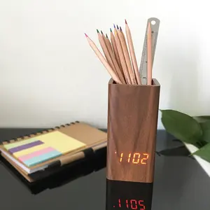 Jam Alarm Digital Kayu, Pemegang Pena Suhu, Jam Meja untuk Hadiah Promosi dengan Harga Termurah, Logo Jam Meja Led Kustom