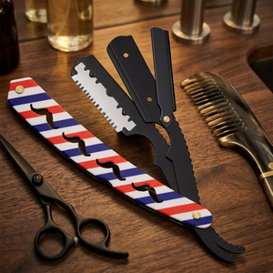 Navaja de Barbero de Acero Inoxidable de Primera Calidad con Hoja Recta y Mango de Acero Inoxidable con Diseño de Rayas Rojas, Blancas y Azules - Product Image 3