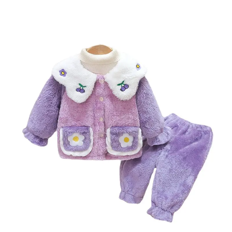 Winter children's girls' Autumn and Winter baby flannel homewear set with fleece thickened Girls' pajamas