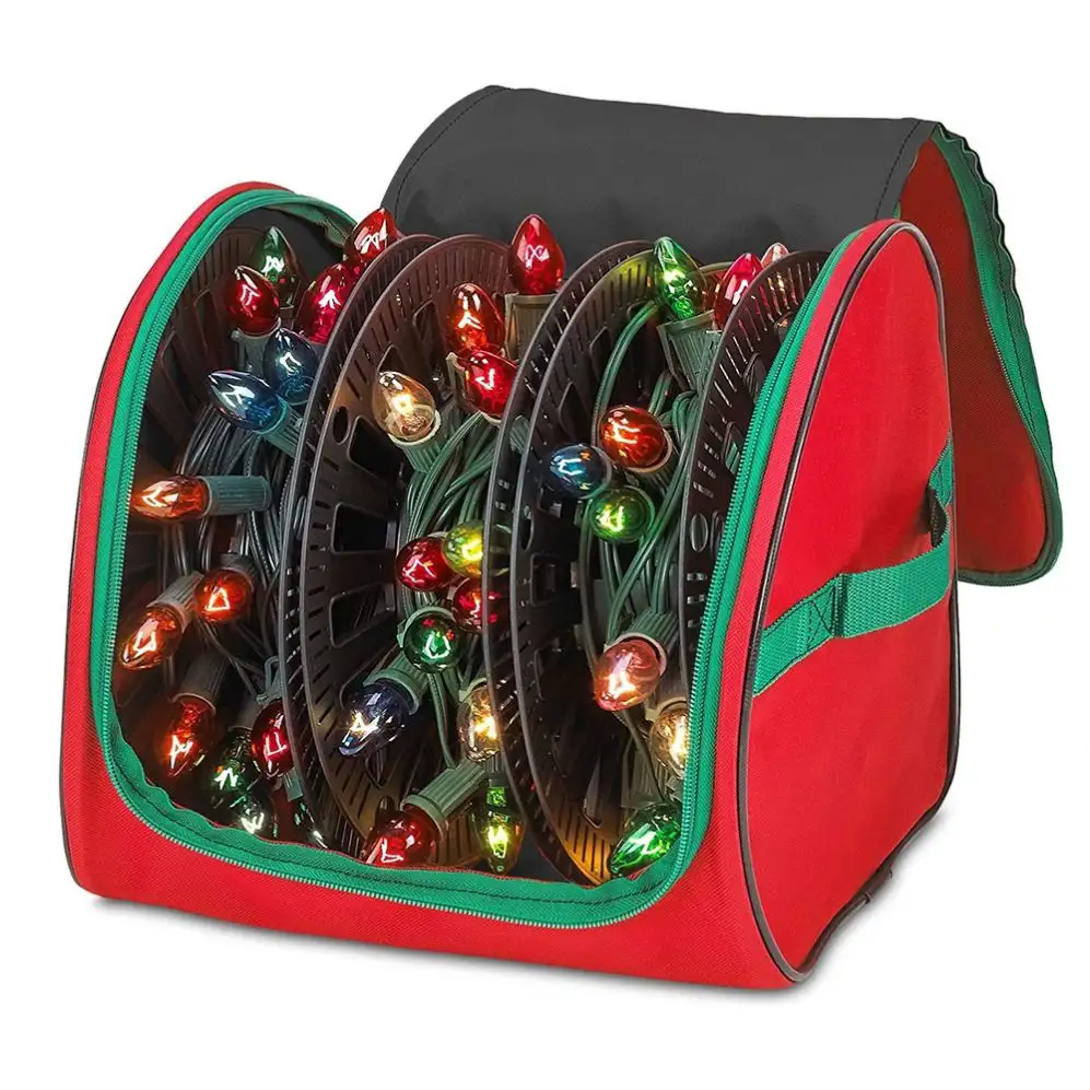 강화 핸들과 3 개의 릴이 있는 PVC 소재 내부의 헤비 듀티 티어 프루프 600D 프리미엄 크리스마스 라이트 보관 가방