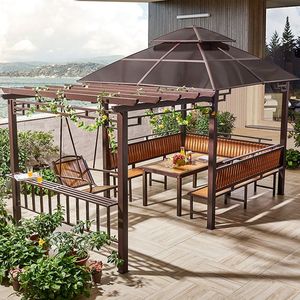 Gazebo de Jardín de Lujo con Techo Doble de Aluminio y Madera para Exteriores 2024, Pérgola con Marco Recubierto de Polvo y Techo de PC Resistente - Product Image 4