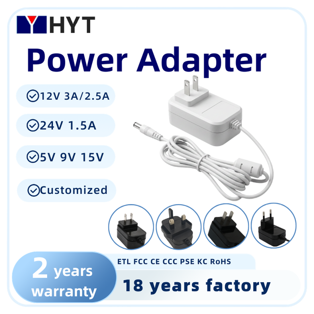 Hua Yi Teng OEM ODM US EU UK Plug in PC 1.5A AC DC 5V-24V Power Supply Adapter