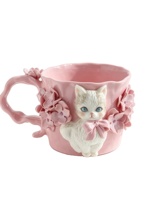 Mug Keramik 3D Kucing & Bunga Warna Pink, Cangkir Kopi Porselen Buatan Tangan dengan Gagang Bermotif Bunga untuk Pecinta Kucing