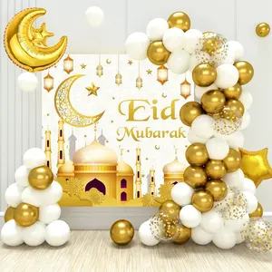 Eid Ramadan Decoraciones 70PCS Oro Blanco Ramadan Confeti Globos con Mubarak Moon Star Foil Globo