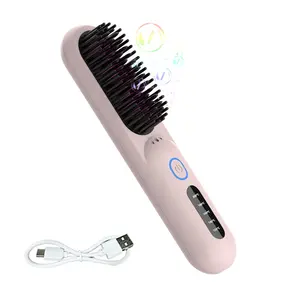 Viaje 2 en 1 Led plancha plana alisado calor caliente peine inalámbrico portátil cepillo alisador de pelo