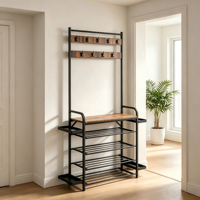 Meuble d'entrée multifonctionnel avec patère, banc à chaussures et étagère de rangement pour chaussures, structure en fer peint par pulvérisation