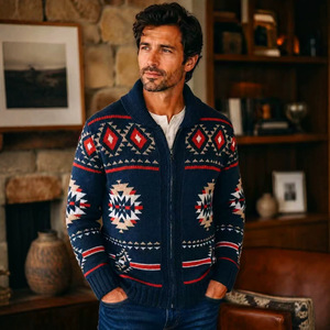 Cárdigan de hombre con cremallera, diseño jacquard geométrico, suéter de lana con cuello vuelto, prendas de punto para invierno - Product Image 5